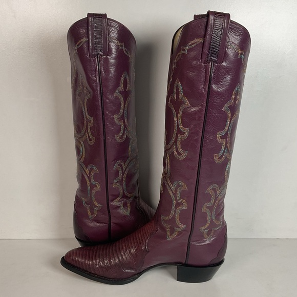 Vintage Larry Mahan Tall Purple Cowgirl Boots 8.5 B USA Made Lizard Teju - Picture 16 of 16